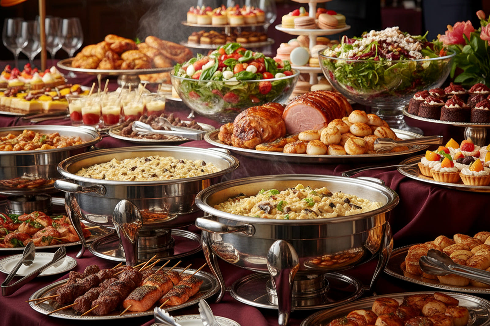 Beautifully plated hors d'oeuvres displayed on a banquet table
